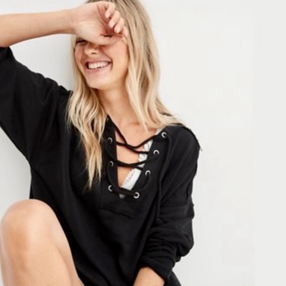 aerie Tops - Aerie Black Lace Up Crewneck